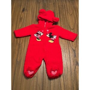 Disney Baby Red Minnie Mouse Fleece Pram Suit Hooded Jumpsuit 6 Months